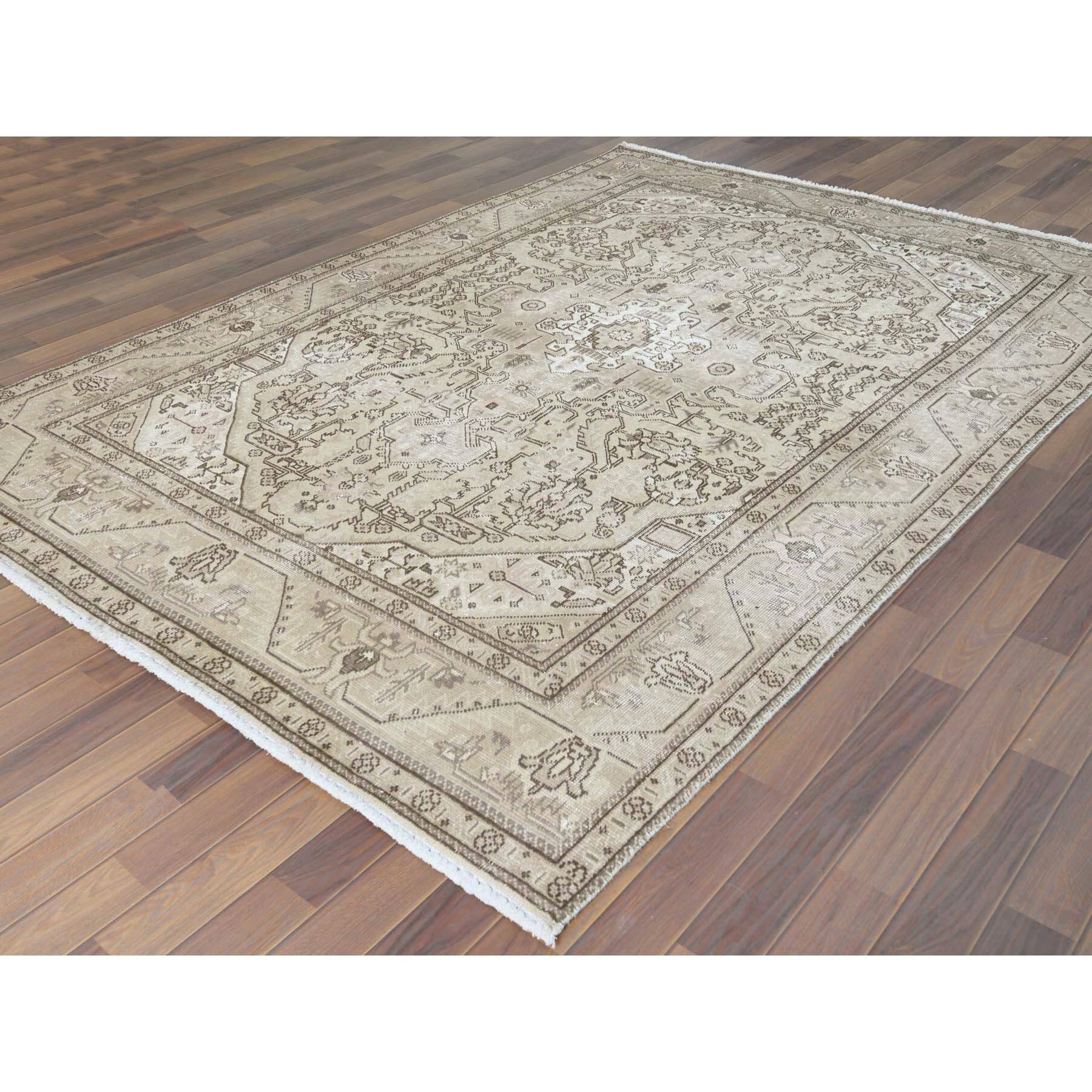 Shahbanu Rugs Distressed Worn Wool Shaved Down Hand Knotted Ivory